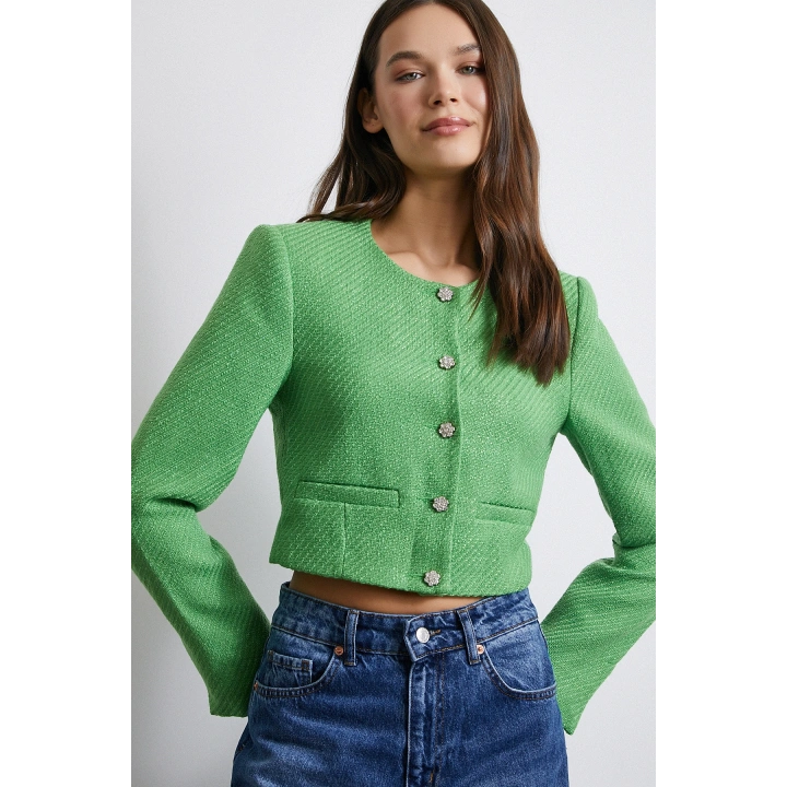Cep Detaylı Düğmeli Tüvit Ceket Fıstık Yeşili