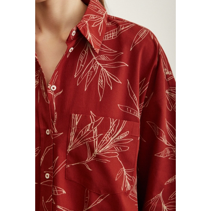 Çiçek Desenli Poplin Gömlek Kiremit