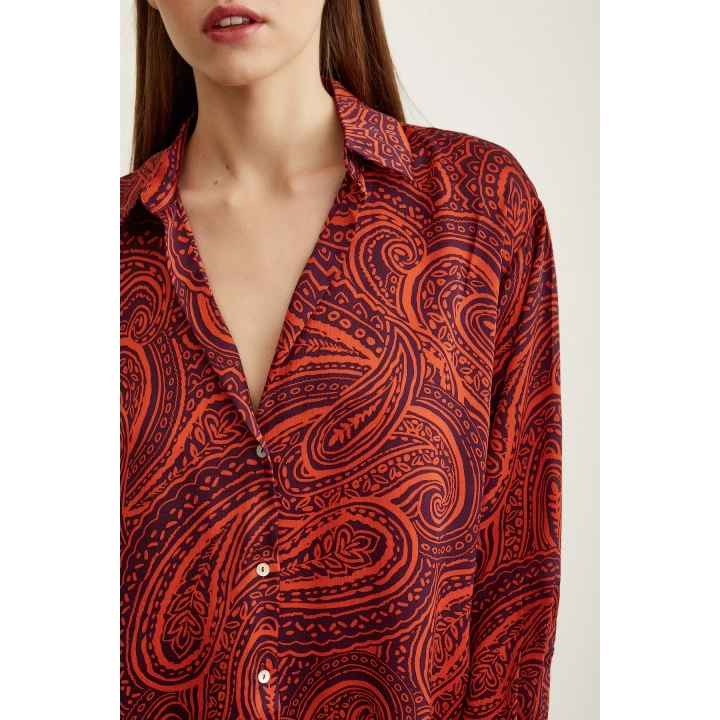 Desenli Saten Gömlek Turuncu