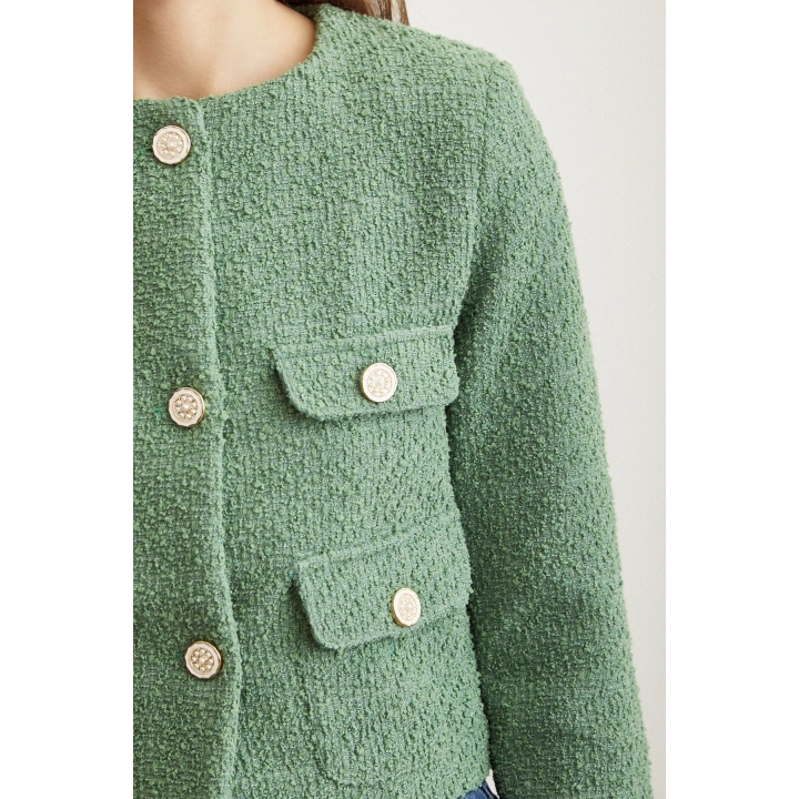Düğme Detaylı Tüvit Ceket Yeşil