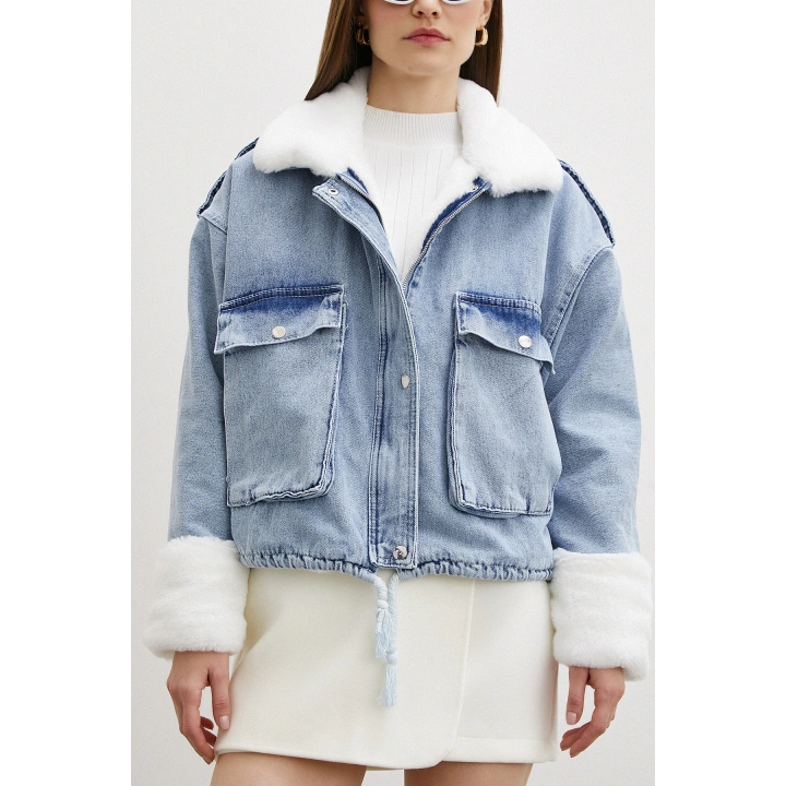 Fermuarlı Kürklü Kot Mont Mavi