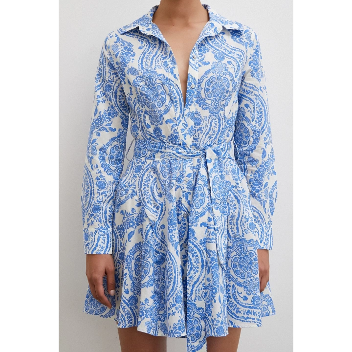 Godeli Desenli Elbise Mavi