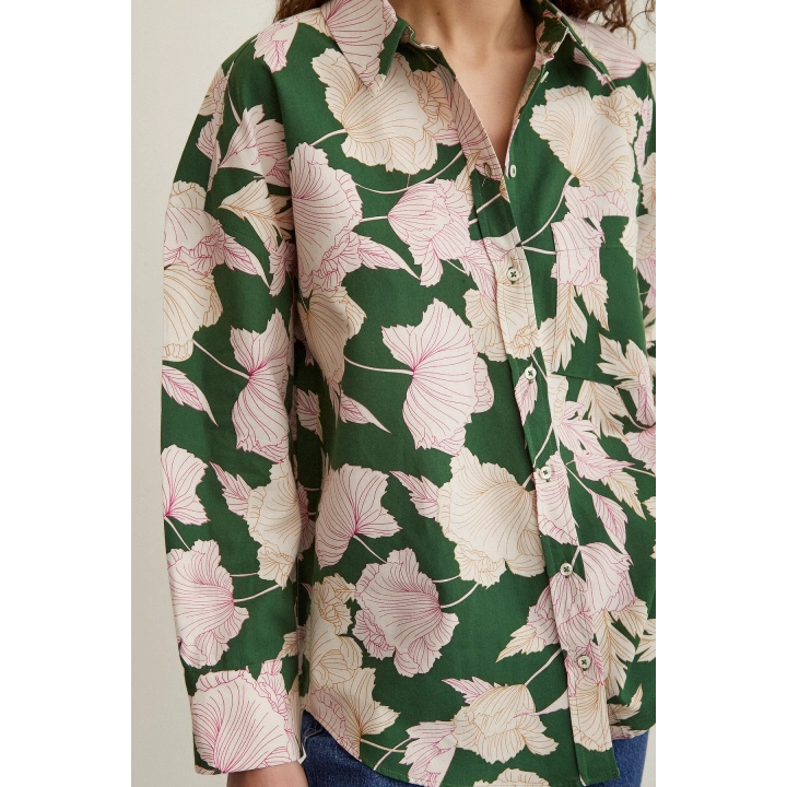 Gül Desenli Poplin Gömlek Yeşil
