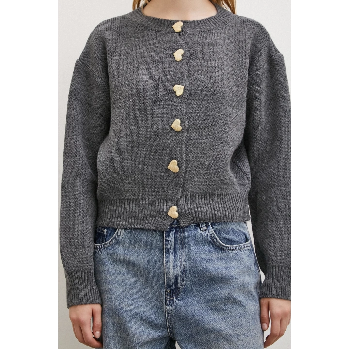 Kalp Düğmeli Hırka Gri