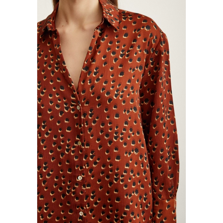 Puantiye Desenli Saten Gömlek Açık Kahve