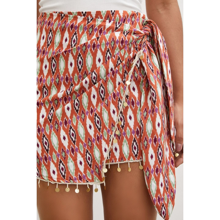 Pul Aksesuarlı Bağlamalı Mini Etek Kiremit