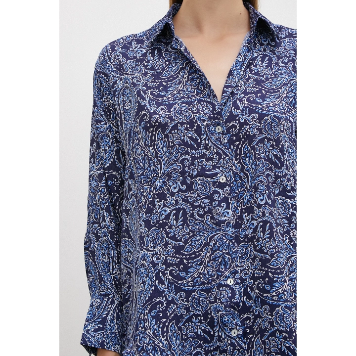 Şal Desenli Saten Gömlek Lacivert