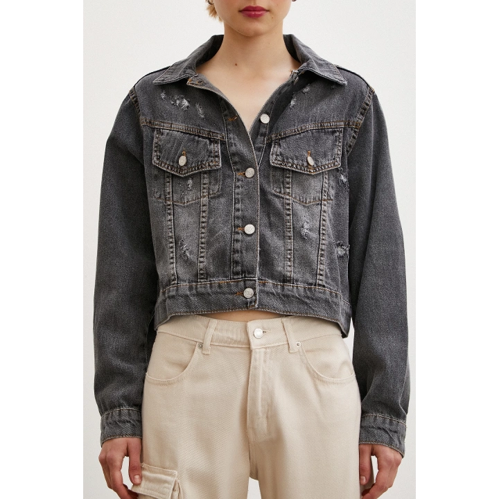 Sırtı Nakışlı Kot Ceket Antirasit