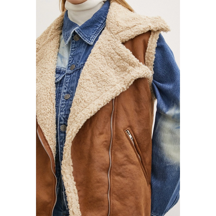 Süet Yünlü Deri Yelek Kahve