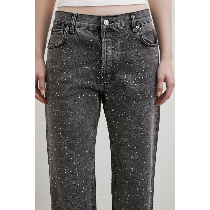 Taş İşlemeli Kesik Paça Jean Gri