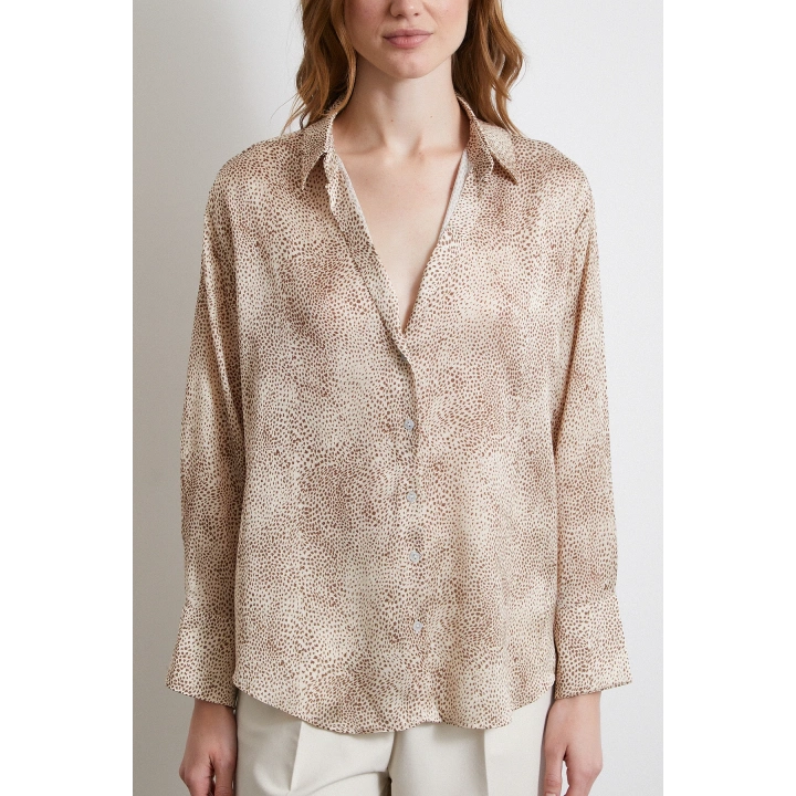 V Yaka Desenli Saten Gömlek Kahve