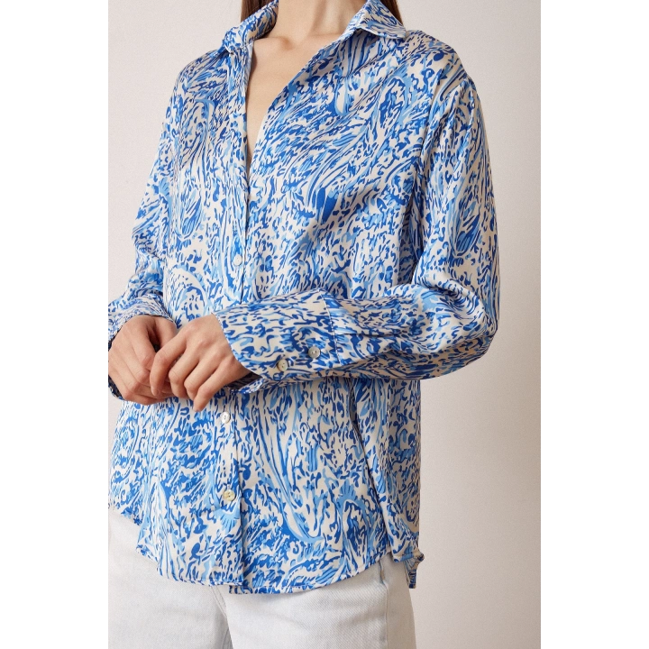 V Yaka Desenli Saten Gömlek Saks