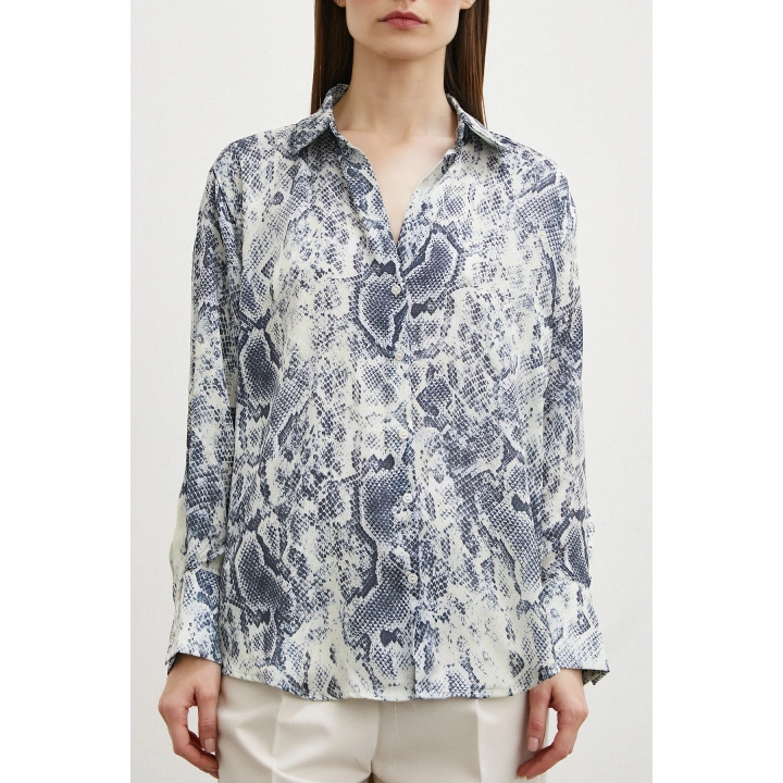 Yılan Desen Saten Gömlek Gri
