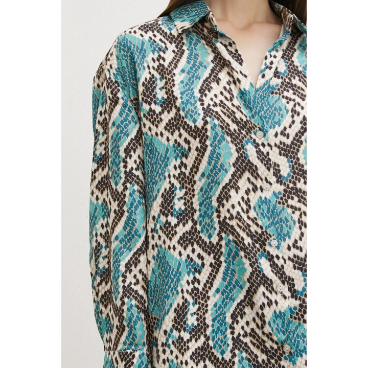 Yılan Desen Saten Gömlek Yeşil