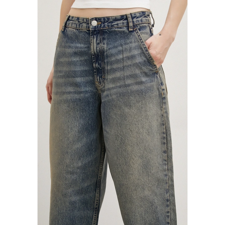 Yüksek Bel Baggy Jean Lacivert