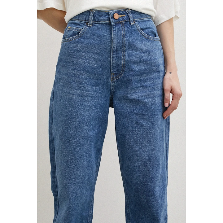 Yüksek Bel Dar Paça Mom Jean Mavi