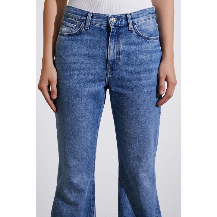 Yüksek Bel Geniş İspanyol Paça Jean Mavi