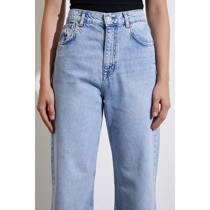 Yüksek Bel Kesik Paça Wide Leg Jean Buz Mavisi