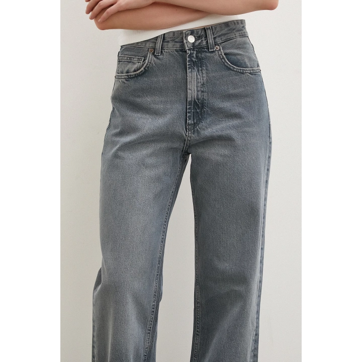 Yüksek Bel Kesik Paça Wide Leg Jean Füme