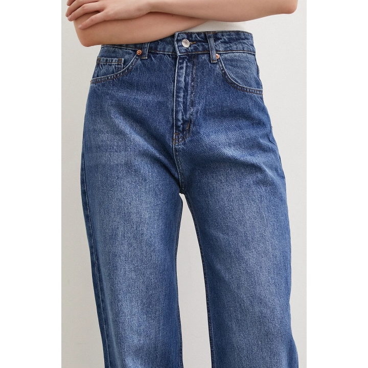 Yüksel Bel Kesik Geniş Paça Jean Mavi