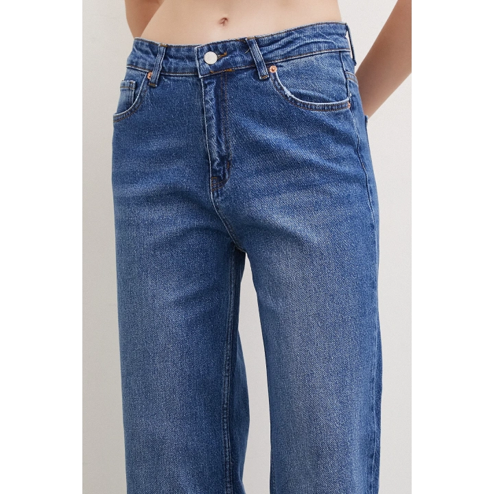 Yüksel Bel Wide Leg Jean Mavi