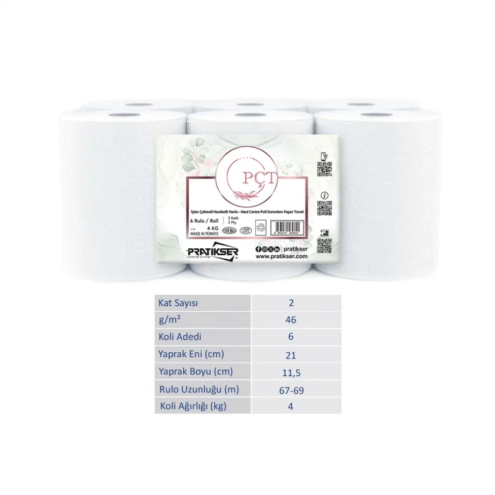 PÇT - İçten Çekmeli Hareketli Havlu - 2Ply - 4 Kg/6 Rulo