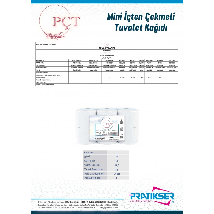 PÇT - Mini İçten Çekmeli Tuvalet Kağıdı - 2Ply - 4 Kg/12 Rulo