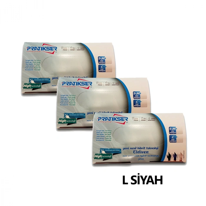 Pratikser Disposable Gloves - 100Pcs/Box - Large - Black - 3 S.Boxes