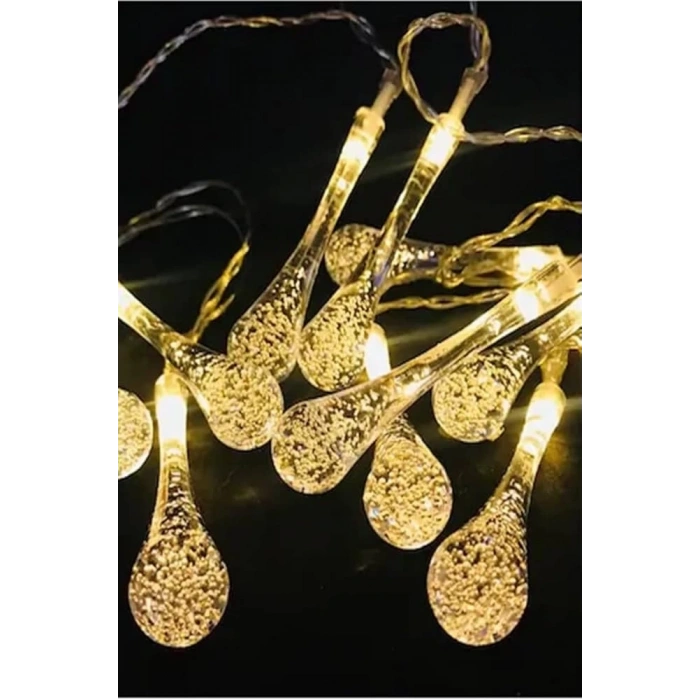 10 Led 2 Metre Sarı Kristal Su Damlası Güneş Enerjili Led Işık Solar Bahçe Ağaç Lamba Aydınlatması