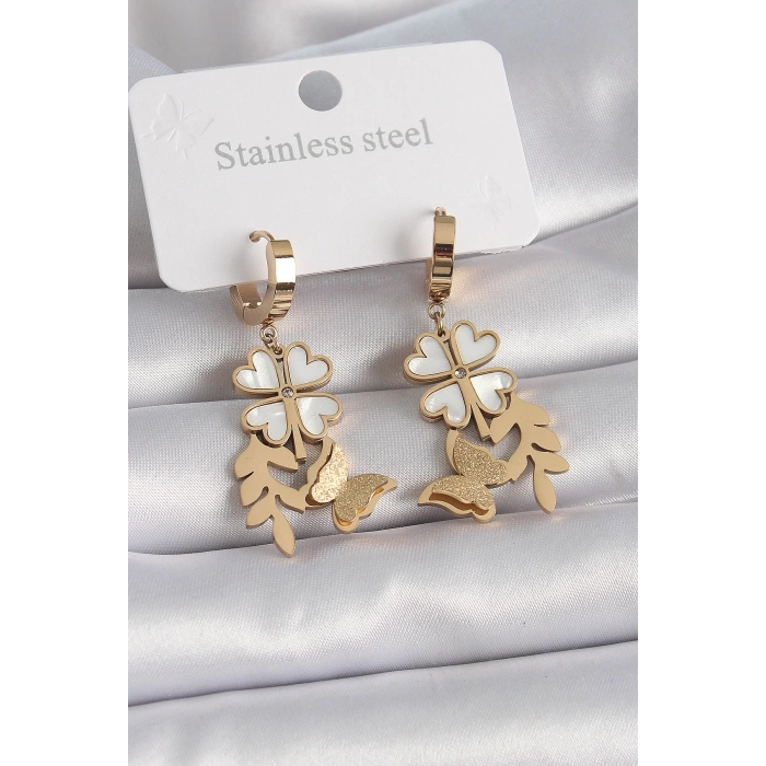 316L Çelik Gold Renk Beyaz Sedefli Yonca Simli Kelebek Figür Kadın Küpe