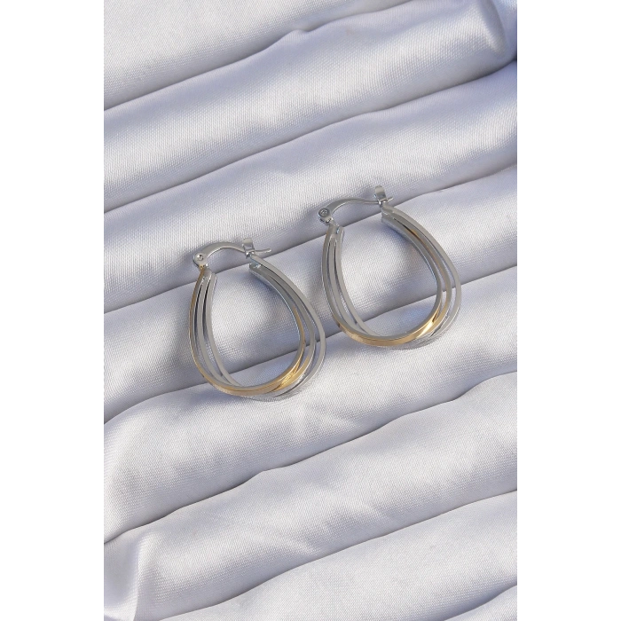 Pirinç Gold Gümüş Renkli Oval Çoklu Görünümlü Küpe