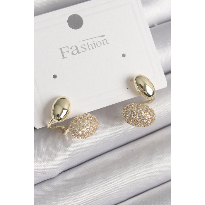 Pirinç Gold Renk Zirkon Taşlı Bombeli Model Kadın Küpe