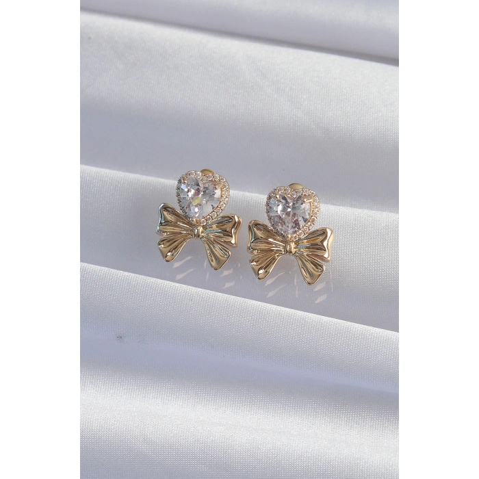 Pirinç Gold Renk Zirkon Taşlı Kalp Model Fiyonk Küpe