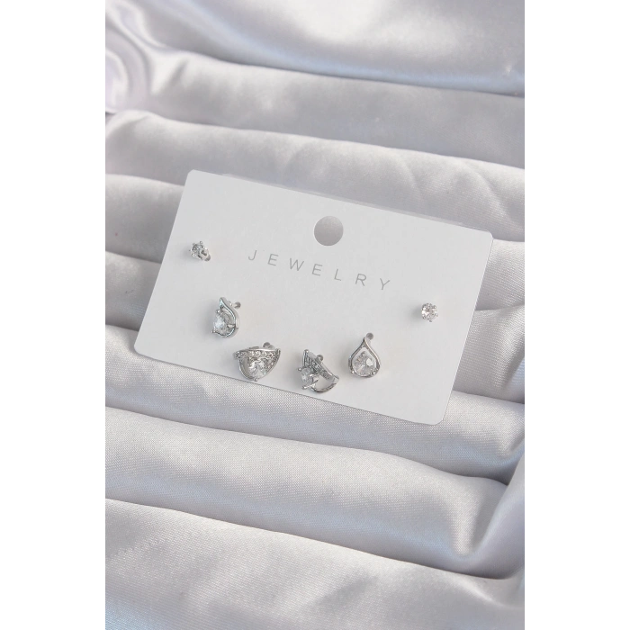 Pirinç Gümüş Renk Zirkon Taşlı Damla Model Küpe Seti