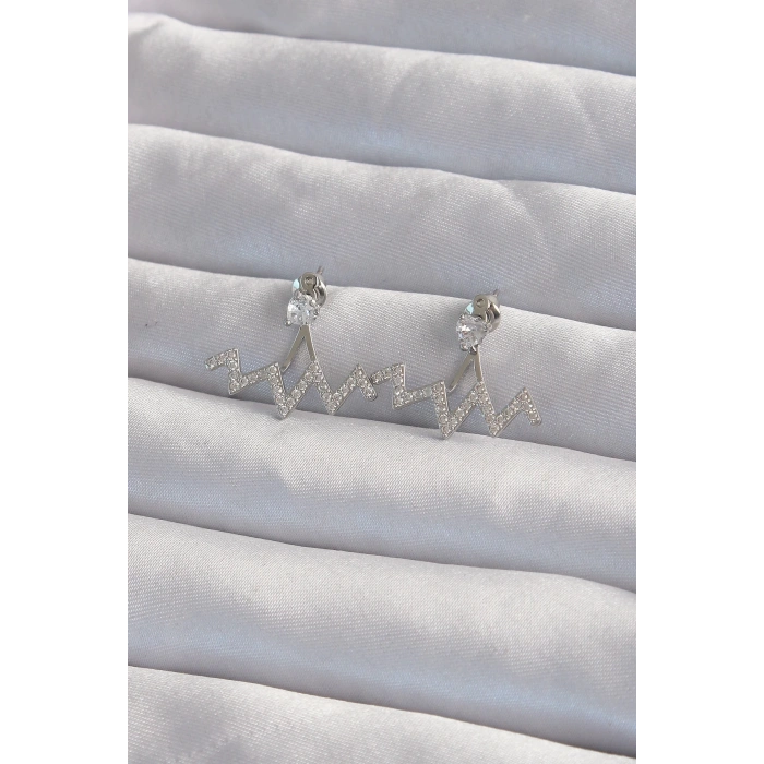 Pirinç Gümüş Renk Zirkon Taşlı Zikzak Küpe