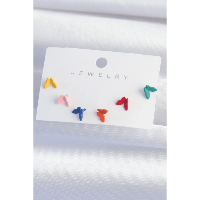 Pirinç Rengarenk Mineli Minimal Kelebek Küpe Seti