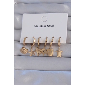 316L Çelik Gold Renk Zirkon Taşlı Hayvan Figürlü Deniz Yıldızı Model Halka Küpe Seti