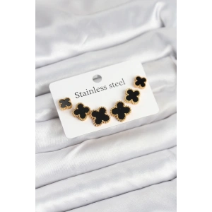 316L Çelik Gold Siyah Renk 3 Boy Yonca Küpe Seti