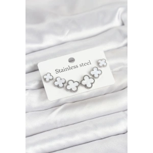 316L Çelik Gümüş Beyaz Renk 3 Boy Yonca Küpe Seti