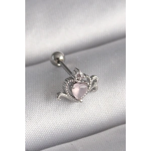 316L Çelik Gümüş Renk Pembe Mineli Kalp Zirkon Taş Detay Tragus Piercing