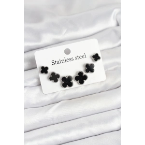 316L Çelik Gümüş Siyah Renk 3 Boy Yonca Küpe Seti