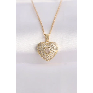 316L Çelik Zincir Altın Renk Zirkon Taşlı Kalp Kolye