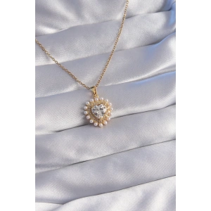 316L Çelik Zincir Gold Renk İncili Zirkon Taşlı Kalp Tasarımlı Kolye