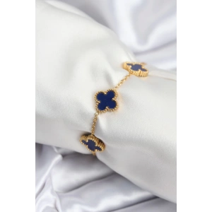 316L Çelik Zincir Gold Renk Lacivert Yonca Kadın Bileklik