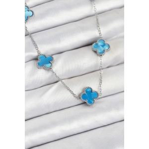 316L Çelik Zincir Gümüş Buz Mavisi Renk Yonca Kadın Kolye
