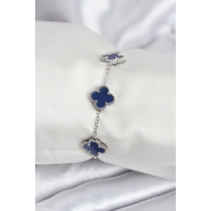 316L Çelik Zincir Gümüş Renk Lacivert Yonca Kadın Bileklik