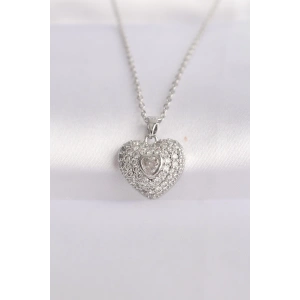 316L Çelik Zincir Gümüş Renk Zirkon Taşlı Kalp Kolye