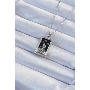 316L Çelik Zincir Gümüş Renk Zirkon Taşlı Siyah Mineli Kız Figürlü Tarot Kolye