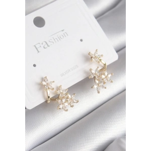 Pirinç Gold Renk Zirkon Taşlı Çiçek Tasarım Kadın Küpe