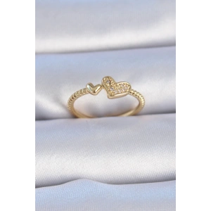 Pirinç Gold Renk Zirkon Taşlı Kalp Model Kadın Yüzük
